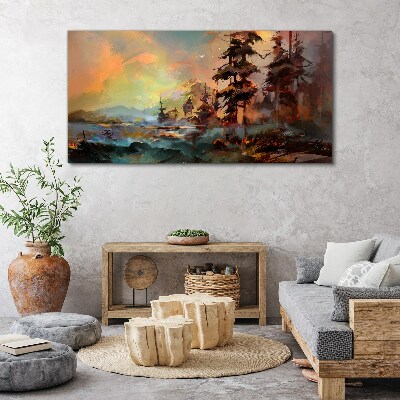 Obraz Canvas Malarstwo drzewa wieś góry