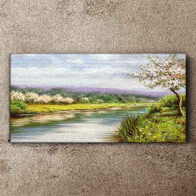Obraz na Płótnie drzewa rzeka kwiaty krajobraz