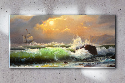 Obraz Szklany fale statek zachód słońca