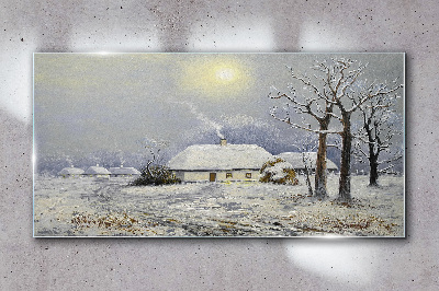 Obraz na Szkle zima wieś chaty drzewa