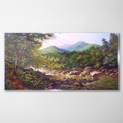 Obraz Szklany las rzeka kamienie góry