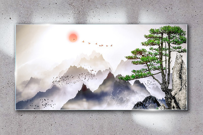 Obraz Szklany Góry Mgła Słońce Drzewo
