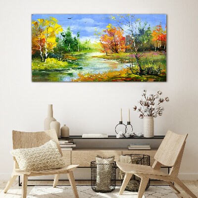 Obraz na Szkle Malarstwo las rzeka przyroda