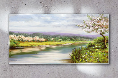 Obraz Szklany drzewa rzeka kwiaty krajobraz