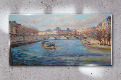 Obraz na Szkle Miasto rzeka most drzewa