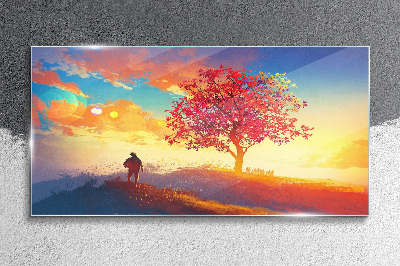 Obraz Szklany wzgórze drzewo zachód słońca