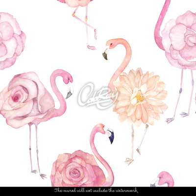 Fototapeta Flamingi Brodzące w Dzikich Kwiatach