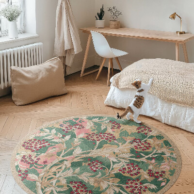 Dywan winylowy okrągły Grafika roślinności vintage kwiaty i liście