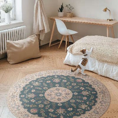 Dywan winylowy okrągły Ornament z kwiatami i liśćmi wzór vintage