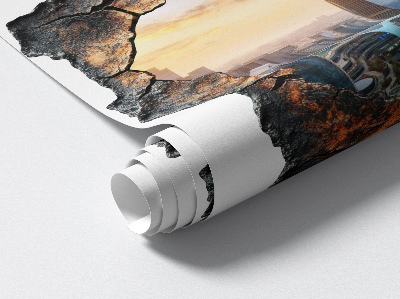 Fototapeta 3D dziura w ścianie 77x80 Miasto przyszłości