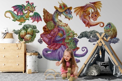 Naklejka na ścianę 100x122 Kolorowe smoki bajkowa rodzina w ilustracyjnym stylu