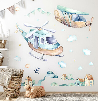 Naklejka na ścianę 100x145 Helikopter i samolot w pastelowym miasteczku
