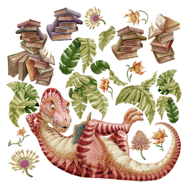 Naklejka na ścianę 100x149 Czerwony dinozaur z rysunkami i kwiatami