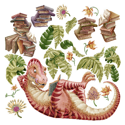 Naklejka na ścianę 100x149 Czerwony dinozaur z rysunkami i kwiatami