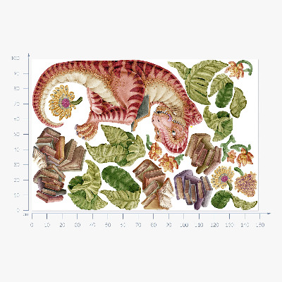 Naklejka na ścianę 100x149 Czerwony dinozaur z rysunkami i kwiatami