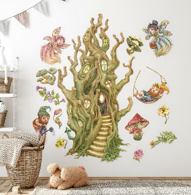 Naklejka na ścianę 100x133 Leśne stworki i pastelowe domki drzewne