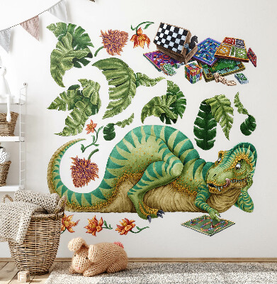 Naklejka na ścianę 130x165 Dinozaur w rysunkowej stylizacji z liśćmi i kwiatami