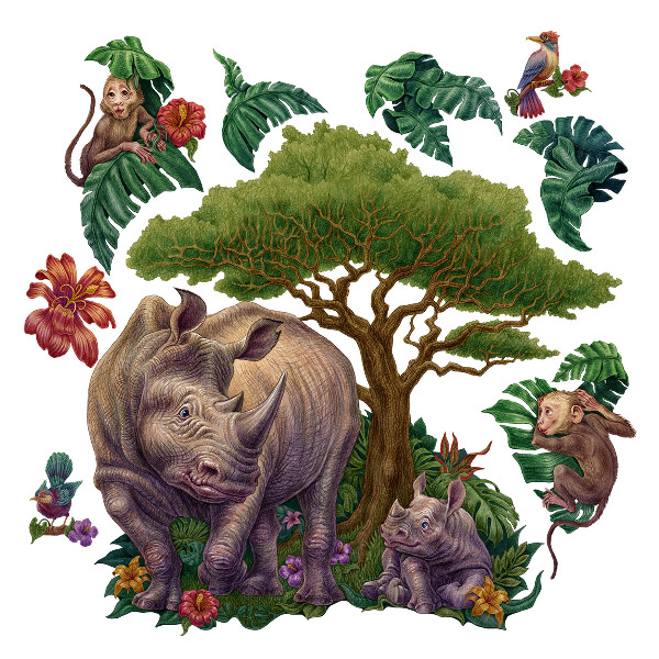 Naklejka na ścianę 130x140 Dzikie zwierzęta i roślinność safari w rysunkach