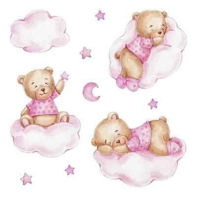Naklejka na ścianę 130x189 Słodkie misie na chmurkach w pastelach akwarelowych