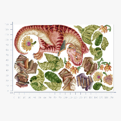 Naklejka na ścianę 130x194 Czerwony dinozaur z rysunkami i kwiatami