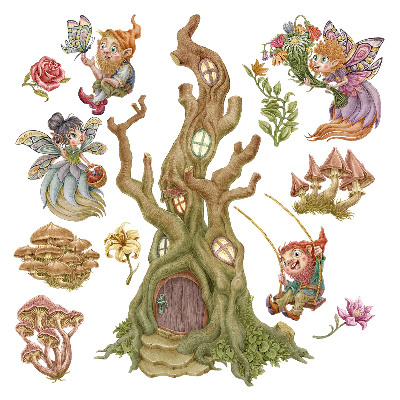 Naklejka na ścianę 130x135 Leśne stwory i pastelowy domek w drzewie