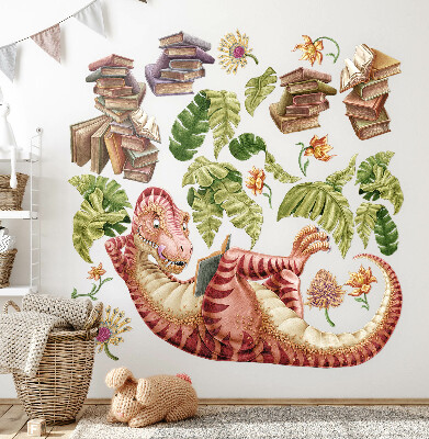 Naklejka na ścianę 60x90 Czerwony dinozaur z rysunkami i kwiatami