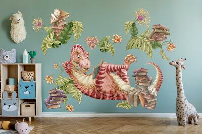 Naklejka na ścianę 60x90 Czerwony dinozaur z rysunkami i kwiatami