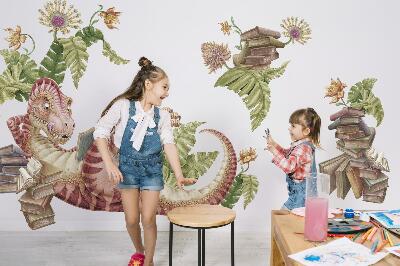 Naklejka na ścianę 60x90 Czerwony dinozaur z rysunkami i kwiatami