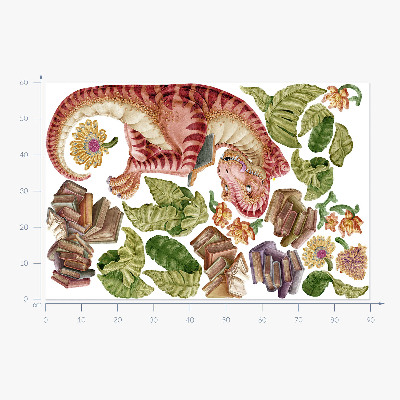 Naklejka na ścianę 60x90 Czerwony dinozaur z rysunkami i kwiatami