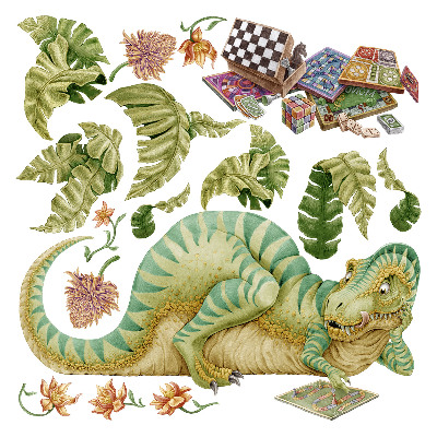 Naklejka na ścianę 60x78 Dinozaurowy wzór z liśćmi i kwiatami w pastelach