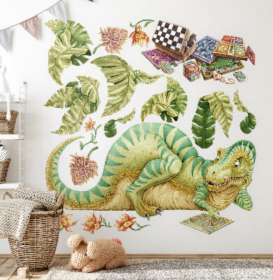 Naklejka na ścianę 60x78 Dinozaurowy wzór z liśćmi i kwiatami w pastelach