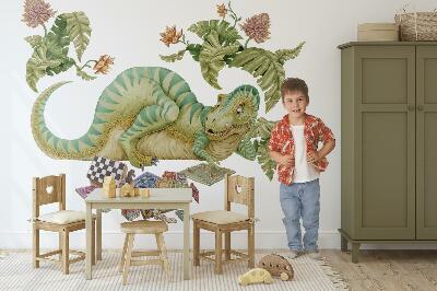 Naklejka na ścianę 60x78 Dinozaurowy wzór z liśćmi i kwiatami w pastelach