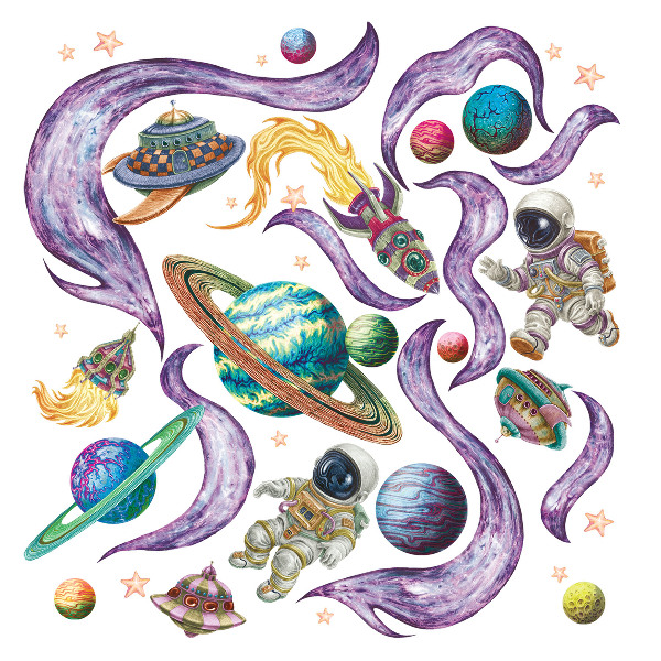 Naklejka na ścianę 60x103 Rakiety astronautów na tle planet w pastelach