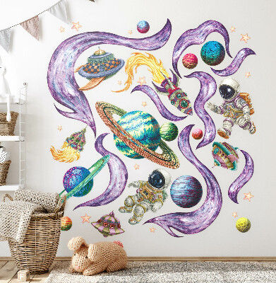Naklejka na ścianę 60x103 Rakiety astronautów na tle planet w pastelach