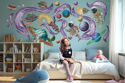 Naklejka na ścianę 60x103 Rakiety astronautów na tle planet w pastelach