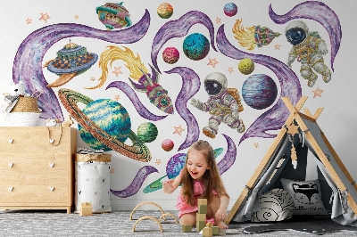 Naklejka na ścianę 60x103 Rakiety astronautów na tle planet w pastelach