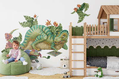 Naklejka na ścianę 80x102 Dinozaur w rysunkowej stylizacji z liśćmi i kwiatami