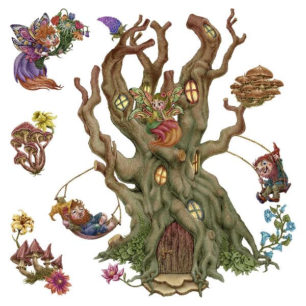 Naklejka na ścianę 80x129 Leśne magiczne istoty i domek z drzewa