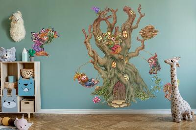 Naklejka na ścianę 80x129 Leśne magiczne istoty i domek z drzewa