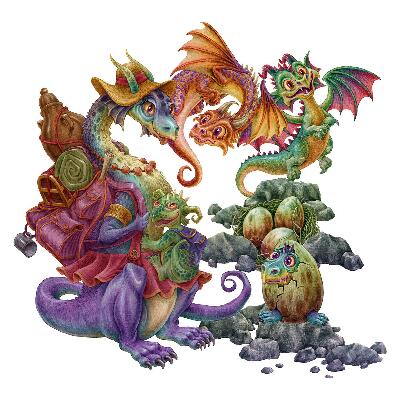 Naklejka na ścianę 80x97 Kolorowe smoki bajkowa rodzina w ilustracyjnym stylu