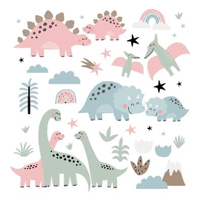 Naklejka na ścianę 80x118 Dinozaury w pastelowym otoczeniu roślinności