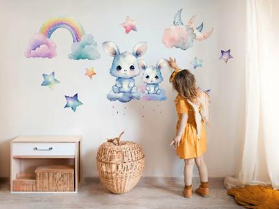 Naklejka na ścianę 80x107 Zajączki w pastelowym niebie z tęczą i gwiazdami