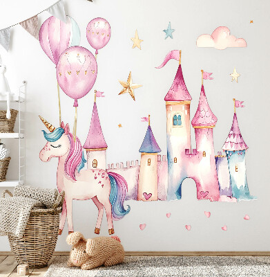Naklejka na ścianę 80x110 Jednorożec zamek w pastelowym stylu akwarelowym