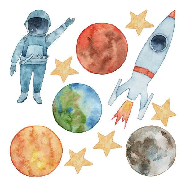 Naklejka na ścianę 80x143 Kosmiczne planety z astronautą i rakietą akwarelowe