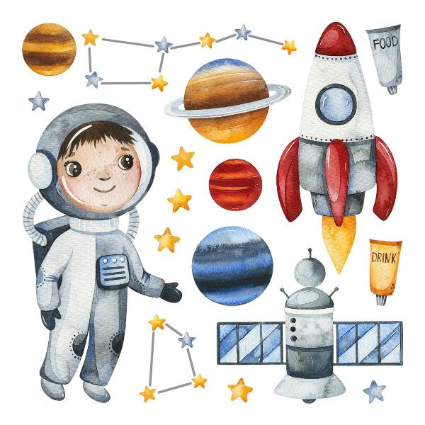 Naklejka na ścianę 80x107 Kosmiczna podróż małego astronauty w akwareli