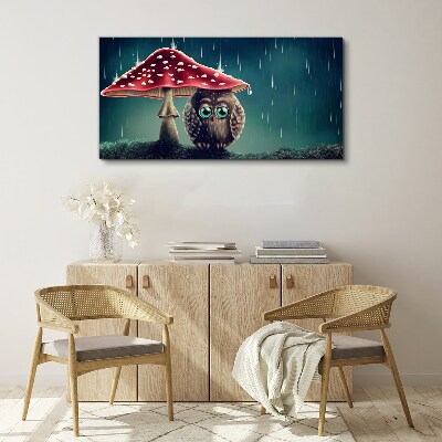 Obraz Canvas Sowa pod grzybem w deszczu
