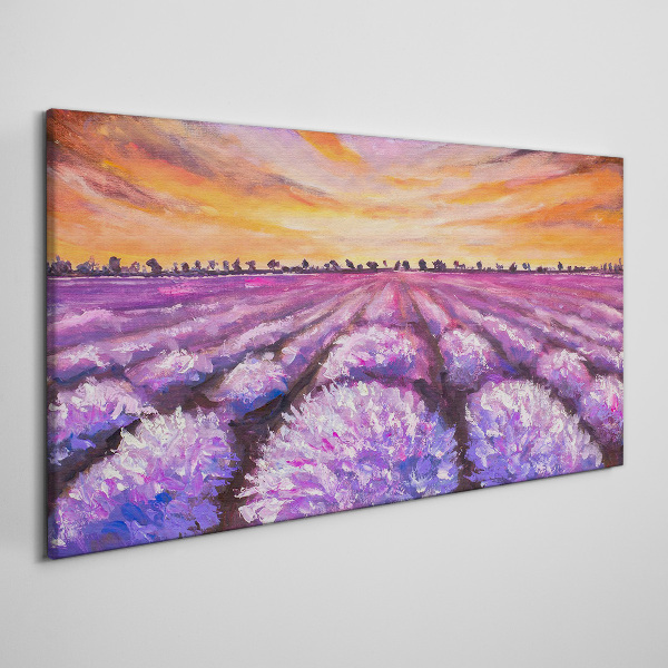 Obraz Canvas Fioletowe pola lawendy o zachodzie słońca