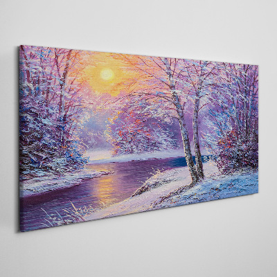 Obraz na Płótnie zima las rzeka zachód słońca