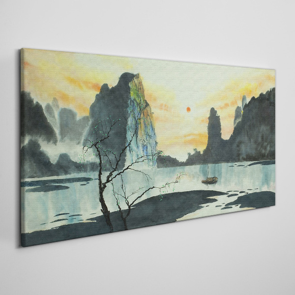 Obraz Canvas Spokojny pejzaż z górą i łodzią