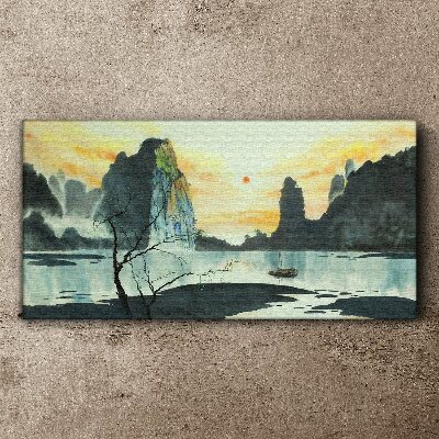 Obraz Canvas Spokojny pejzaż z górą i łodzią